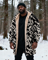 Big & Tall Men's Vintage Black And White Geometric Camouflage Printed Velvet Thickened Long Hooded Coat